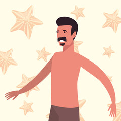 man tourist in swimsuit summer background