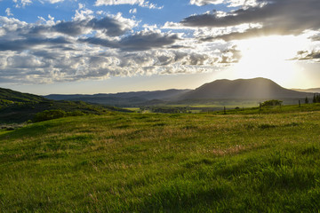 Fototapeta premium Sun lit field with white dandalions and Sleeping Giant in the background of valley.