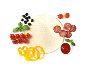 Flat lay composition with base and ingredients for pizza on white background