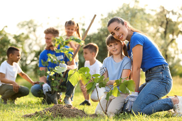 Kids planting trees with volunteers in park