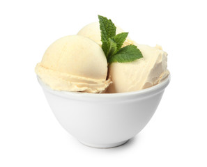 Delicious vanilla ice cream with mint in dessert bowl on white background