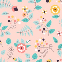 Seamless pattern with flowers and leaves. Vector spring template. Design for paper, cover, fabric, interior decor.