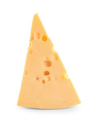Piece of delicious cheese on white background