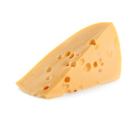 Piece of delicious cheese on white background