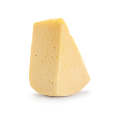 Piece of delicious cheese on white background