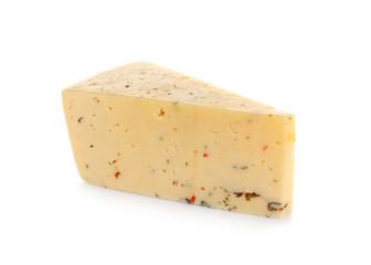 Piece of delicious cheese on white background