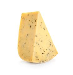 Piece of delicious cheese with herbs on white background