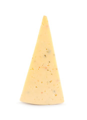 Piece of delicious cheese on white background