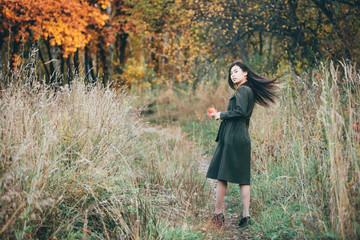 Female beauty portrait surrounded by vivid foliage. Dreamy beautiful girl with long natural black hair in full growth on background with colorful leaves. Fallen leaves in girl hands in autumn forest.