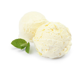 balls of delicious vanilla ice cream and mint on white background