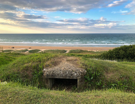 Nazi German Pillbox Fortification Built During WWII Above Normandy Beach In France.