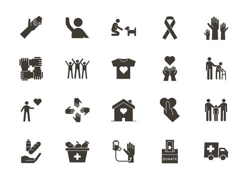 Vector flat glyph icons related with humanitarian causes - volunteering, adoption, donations, charity, non-profit organizations, business teamwork