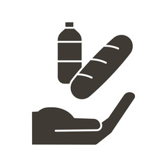 Hand offering bread and water icon. Vector flat glyph illustration. World hunger and poverty donation. Helping those in need with basic necessities, food and groceries.