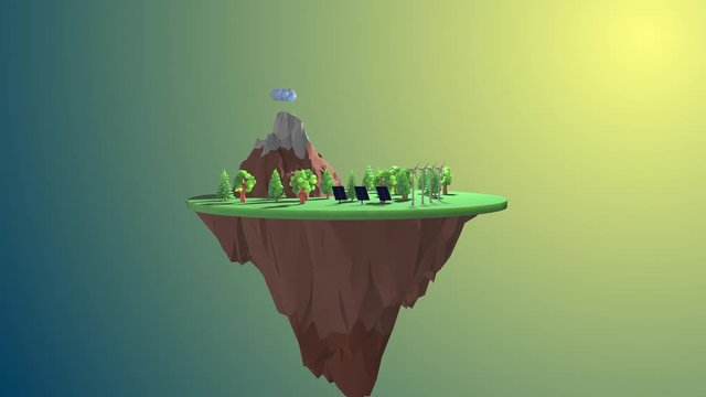 Floating island renewable energy wind turbine solar and trees low poly style