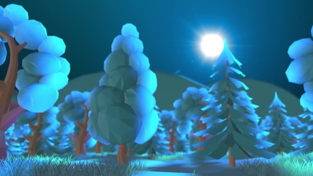 Night Low poly landscape abstract of green forest in mountain valley Cartoon