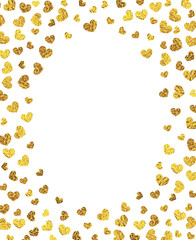 Gold glitter hearts oval frame on white background.