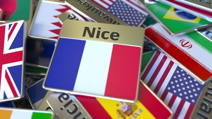 Souvenir magnet or badge with Nice text and national flag among different ones. Traveling to France conceptual intro animation