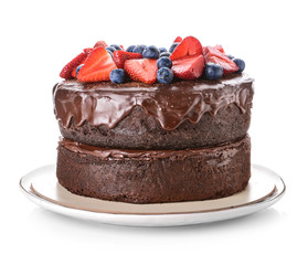 Tasty chocolate cake on white background