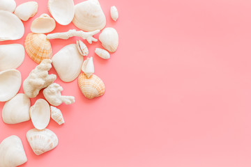 shells and seaside background for blog or desktop on pink table top view mockup