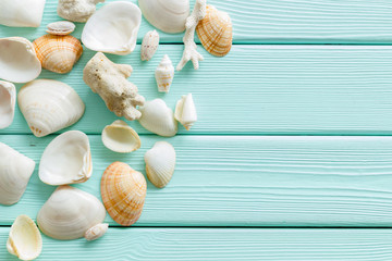 Seaside pattern with shells on mint green wooden background top view mock up