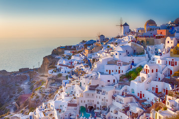 Beautiful Tranquil Cityscape of Oia Village in Santorini Island Before the Sunset.