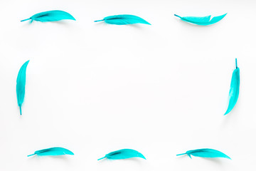 Fototapeta na wymiar design for blog or desktop with colorful bird feathers on white background top view mockup frame