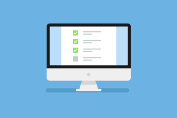 Personal Computer screen with checklist in trendy flat style isolated on blue background with shadow.