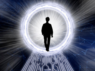 Obraz premium young person shilouette in front of futuristic portal, virtual reality and futuristic technology concepts