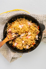 noodles in the pan with mushrooms aand cherry tomatoes, italian pasta cookings
