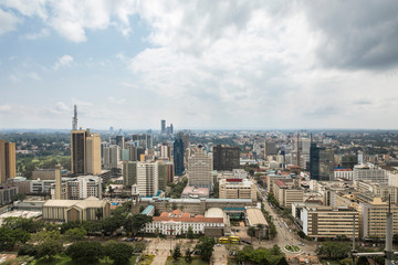 High angle aerial view of downtown Nairobi, Kenya.