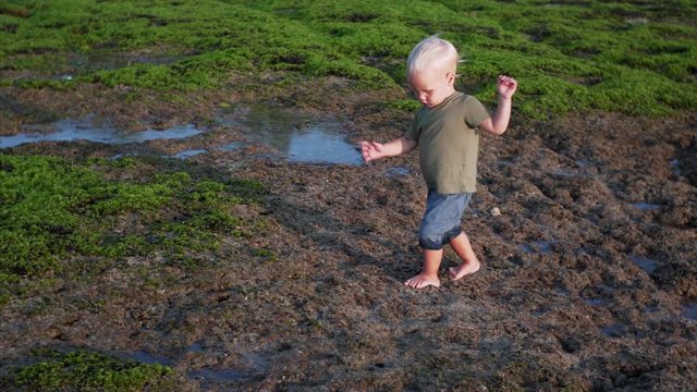 Caucasian two-years old boy is walking on rocks and exploring puddles at Balangan beach during low tide. Bali, Indonesia