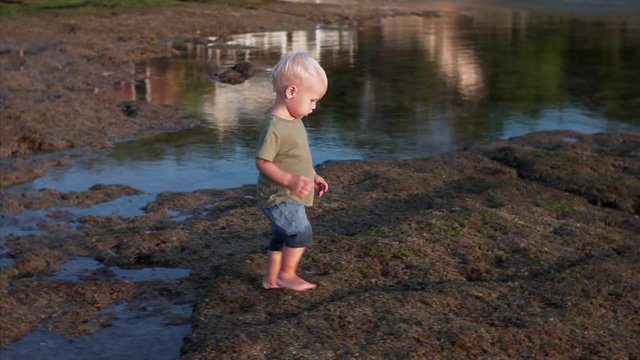 Cute caucasian two-years old boy is walking carefully on rocks and puddles at Balangan beach during low tide. Bali, Indonesia
