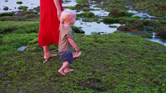 Slow motion of barefooted caucasian family, mother and son walking on green algae, exploring shore at low tide. Famous Balangan beach, Bali, Indonesia