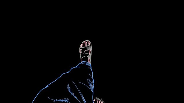 4K topshot line drawing of a person walking in a loop video, colored ink on black background.