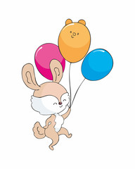 Rabbit with balloons. Cute woodland animal in doodle style isolated on a white background. Childhood vector illustration.