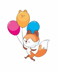 Fox with balloons. Cute woodland animal in doodle style isolated on a white background. Childhood vector illustration.