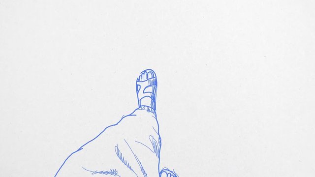 4K topshot line drawing of a person walking in a loop video, blue ink on white textured paper with space for text above.