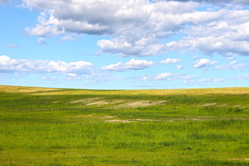 green meadow on the hill against the sky and clouds