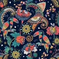 Meubelstickers Fantasy seamless pattern. Decorative floral design for fabric, textile, wrapping paper, card, cover, wallpaper. Colorful stylized flowers and birds. Bright vector decorative background with plants. © sunny_lion