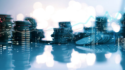 Double exposure of city view , diagram bar and line graph , rows of coins for finance , money , investment and business concept background
