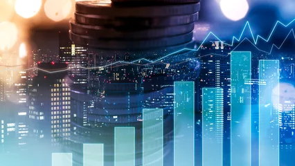 Double exposure of city view , diagram bar and line graph , rows of coins for finance , money , investment and business concept background © number1411