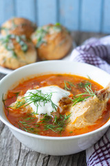 soup borsch with duck and garlic bread