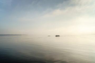 Boats in a amazing morning sunlight in Paranaguá Bay, Brazil