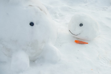 Bad warm rainy winter weather. Snowman in our yard. Melted snowman in puddle. Lonely snowman...