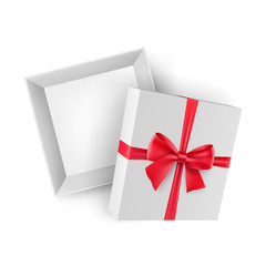 Opened cube shaped box with glossy red ribbon. Festive present box for delivery service with silk tape decoration. Top view of realistic white 3d container isolated on white vector illustration.