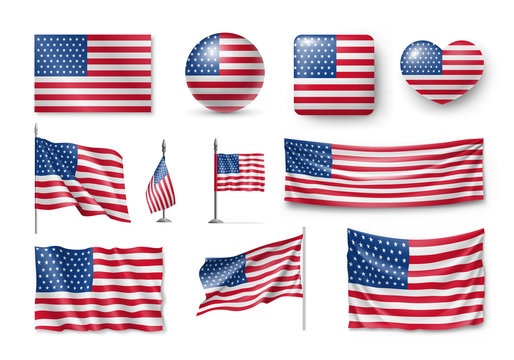 Various American flags set isolated on white background. Realistic waving american flag on pole, table flag and different shapes labels. Patriotic USA 3d rendering symbols vector illustration.