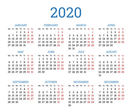 Simple traditional calendar layout for 2020 year. English square template with basic grid on white background. Week starts from Monday. Annual calendar design for printing vector illustration.