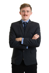 Happy young businessman in suit looking at camera on white background, isolated concept