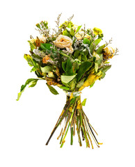 bunch of faded and dry flowers on white background