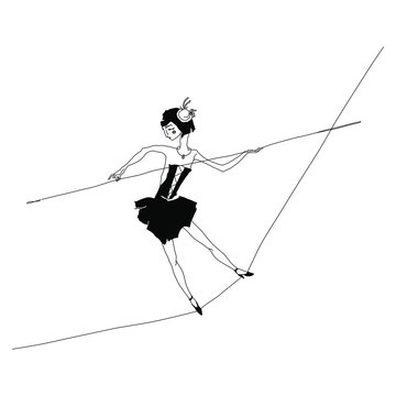 recommend clip art: Black and white silhouette of a girl ropewalker or equilibrist. Hand drawn ink sketch.